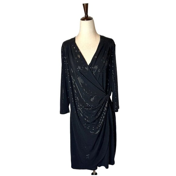 Clara Sun Woo Black Jersey Knit V Neck Faux Wrap Sparkle Dot Dress Size M - Picture 1 of 9